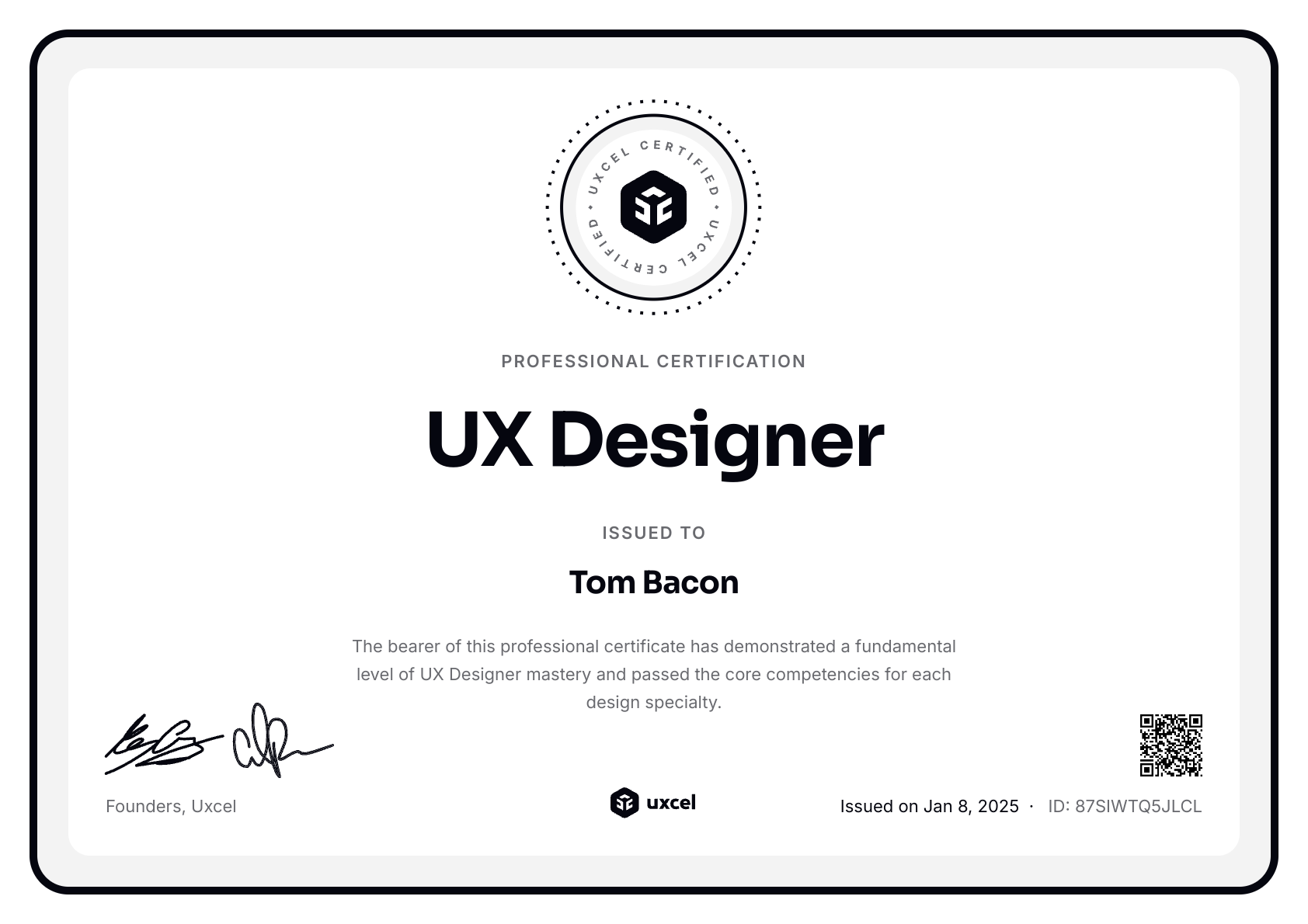 Tom Bacon's certificate